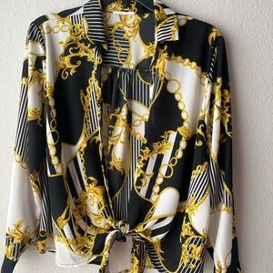 Black and gold chain Print Silk Blouse with tie front detail Size M